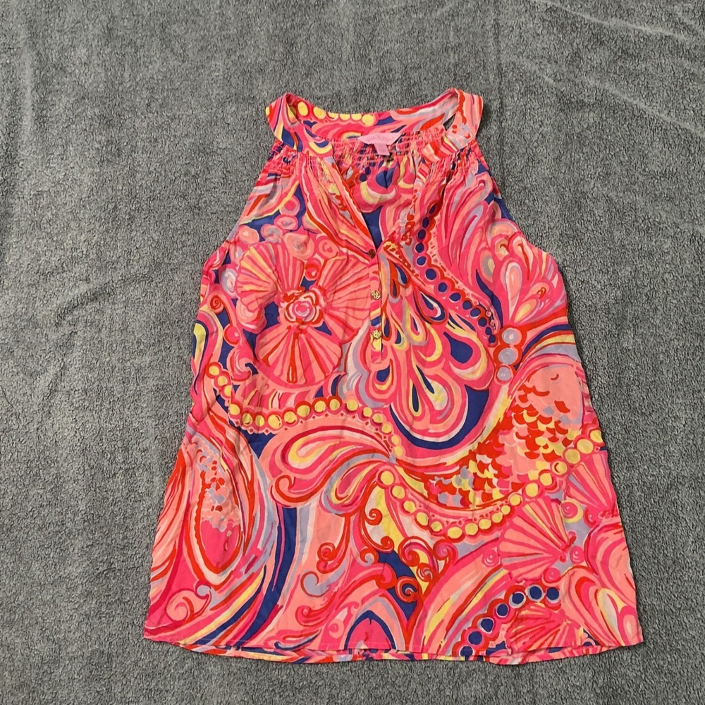 Lilly Pulitzer Silk Halter Top Pink Orange Shell Print Smocked Blouse Medium